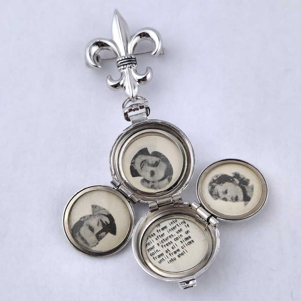 Vintage 4 Way Locket Fleur De Lis Brooch Pin Signed Coro Pegasus Original Frames